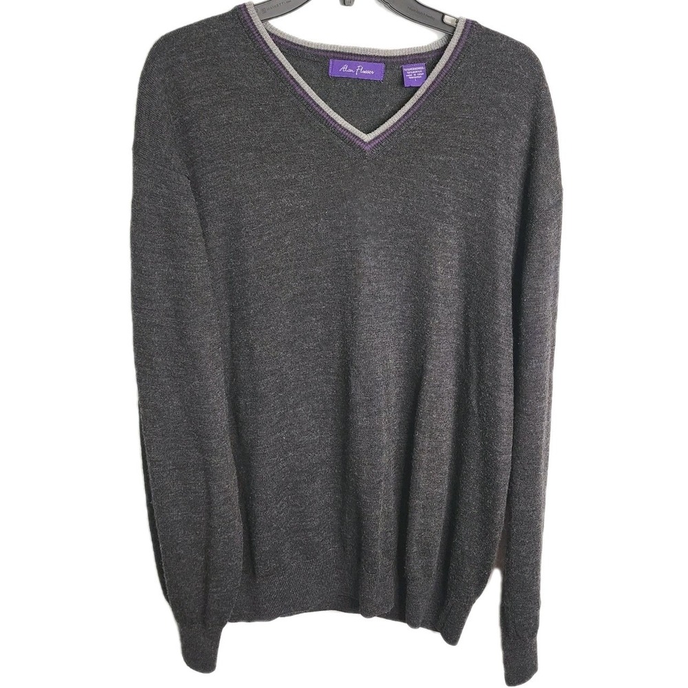 Alan Flusser Sweater Mens Large Gray Purple V Neck Merino Wool Blend Lightweight